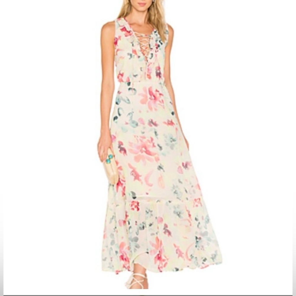 BB Dakota RSVP Nara Floral Lace-Up Maxi Dress Gardenia Multicolor Size XS